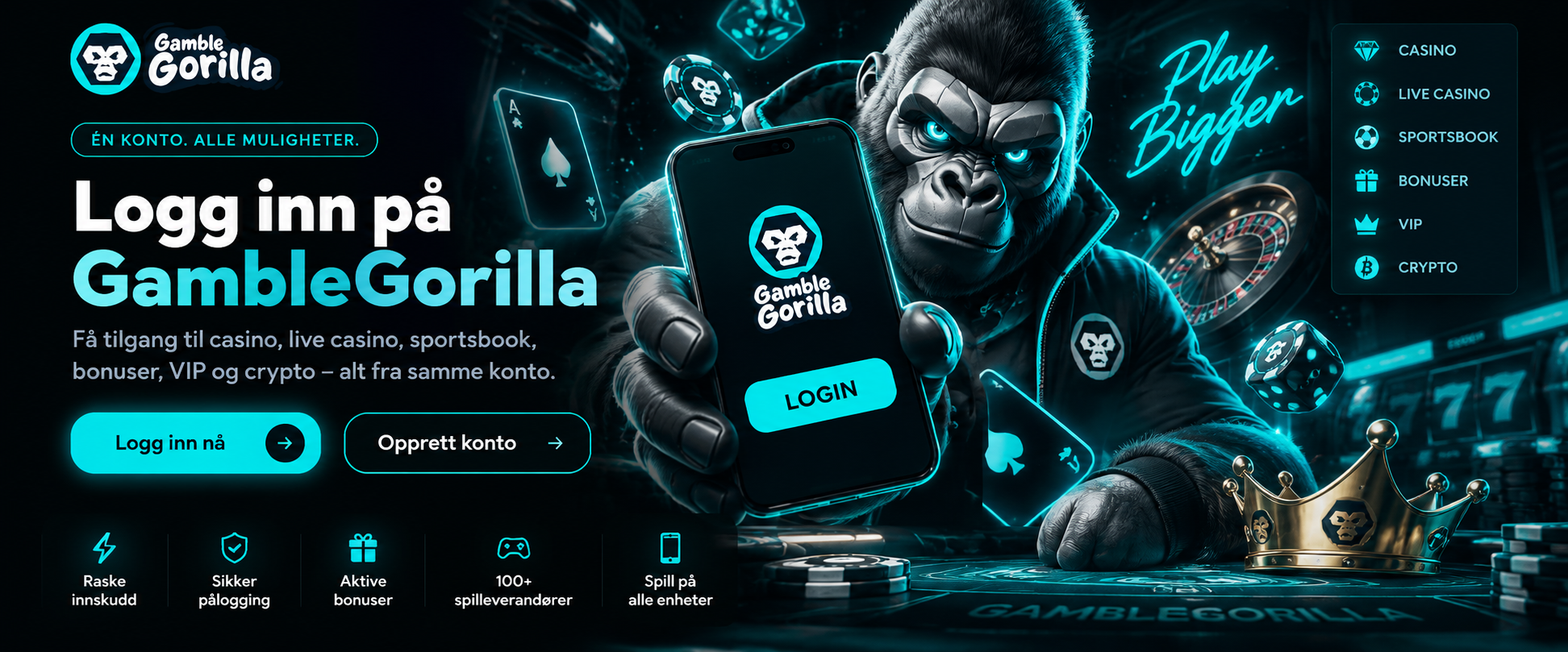 GambleGorilla login – én konto til casino, bonus, sportsbook og VIP